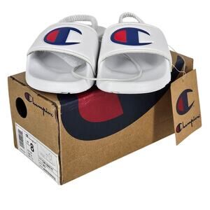 CHAMPION TODDLER WHITE SLIDE SANDALS – SIZE US 8 – STRAP-ON BACK – IPO STYLE
